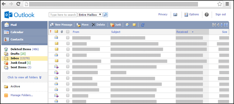 Screenshot des Posteingangs in Outlook Web App Light