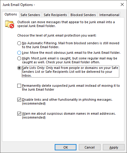 Junk Mail options