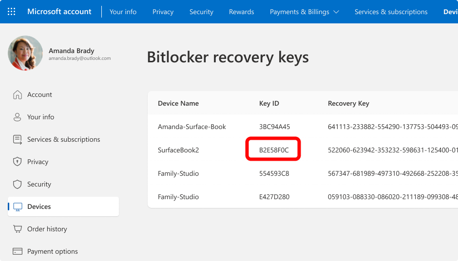 Screenshot of the BitLocker recovery keys for a Microsoft account.