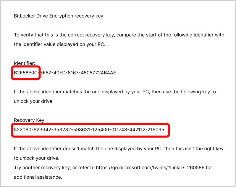 Screenshot of the BitLocker recovery key printout.