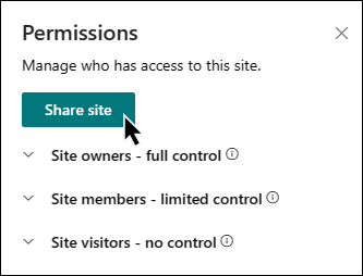 Aperçu de Partager le site sous Autorisations du site