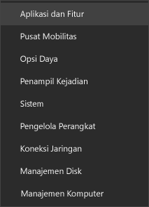 Cuplikan layar menu mulai yang menampilkan Aplikasi dan Fitur