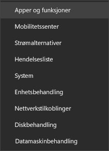 Skjermbilde av Start-menyen som viser apper og funksjoner