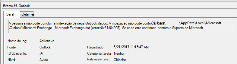 Aviso de log de eventos do Outlook