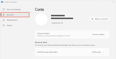 Uma captura de ecrã a mostrar o separador Conta nas definições do OneDrive.