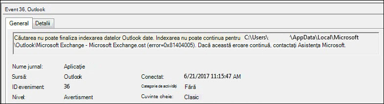 Avertisment despre jurnalul de evenimente Outlook