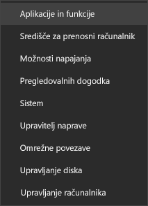 Posnetek zaslona začetnega menija, ki prikazuje možnost »Programi in funkcije«