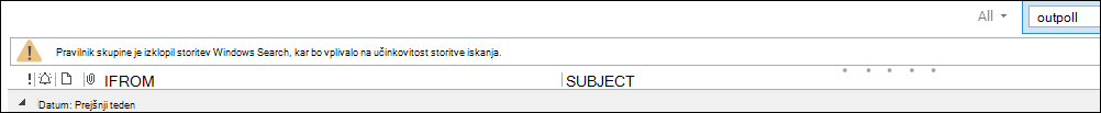 Opozorilo funkcije Iskanje v Outlooku