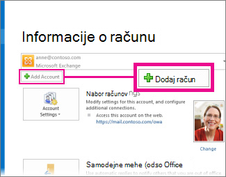 Ukaz »Dodaj račun« v pogledu »Backstage«