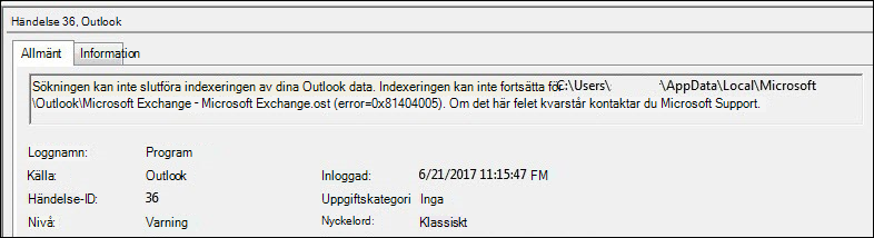 Varning i händelselogg i Outlook