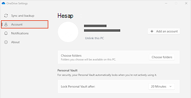 OneDrive ayarlarındaki Hesap sekmesini gösteren ekran görüntüsü.